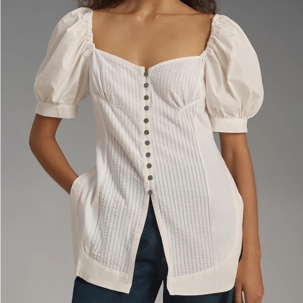 Anthropologie Maeve Ivory Button-Front Puff Sleeve Cotton Blouse